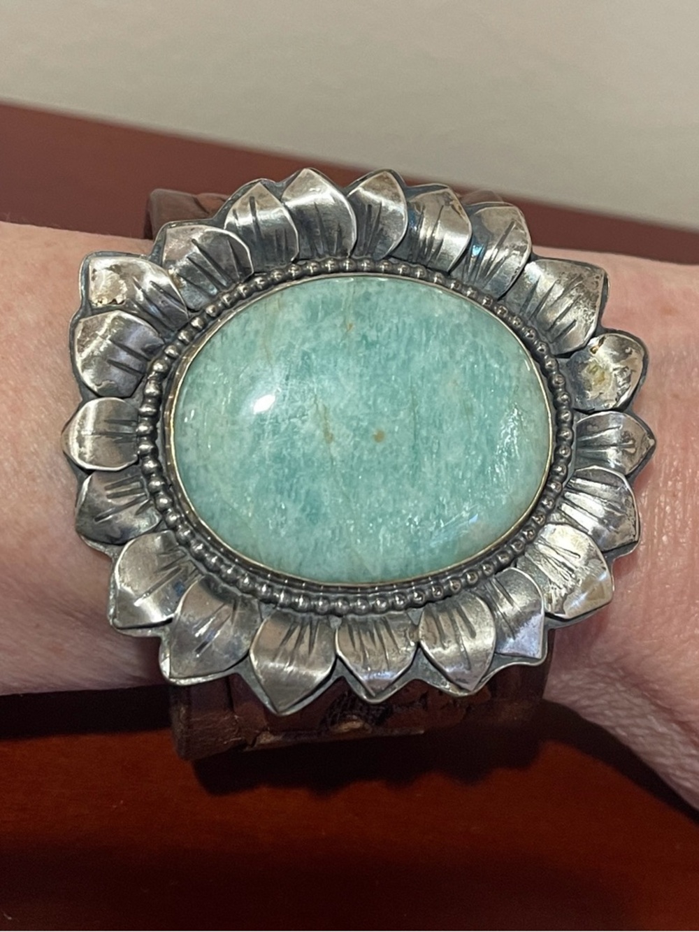 Amazonite, Sterling Silver &Vintage Tooled Leather Sunflower🌻Bracelet PRICE FIRM